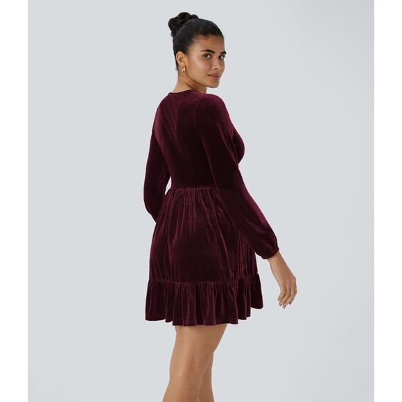 Halara Everyday Deep V Neck Long Sleeve Ruffle Hem Velvet Mini Party Dress XL - Picture 3 of 9